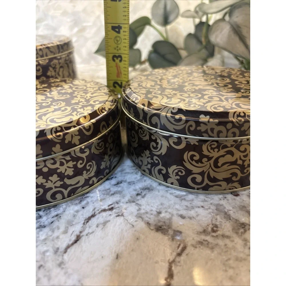 5 Vintage Round Gold Brown Metal Trinket Box Gift Tin Storage Leaf Pattern